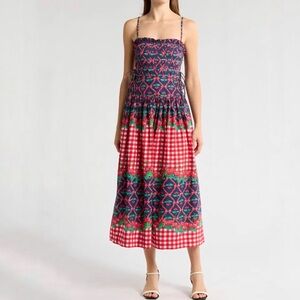 Damson Madder Kelia Cherry Pie Gingham Strapless Cotton Midi Sundress Size 6 NWT